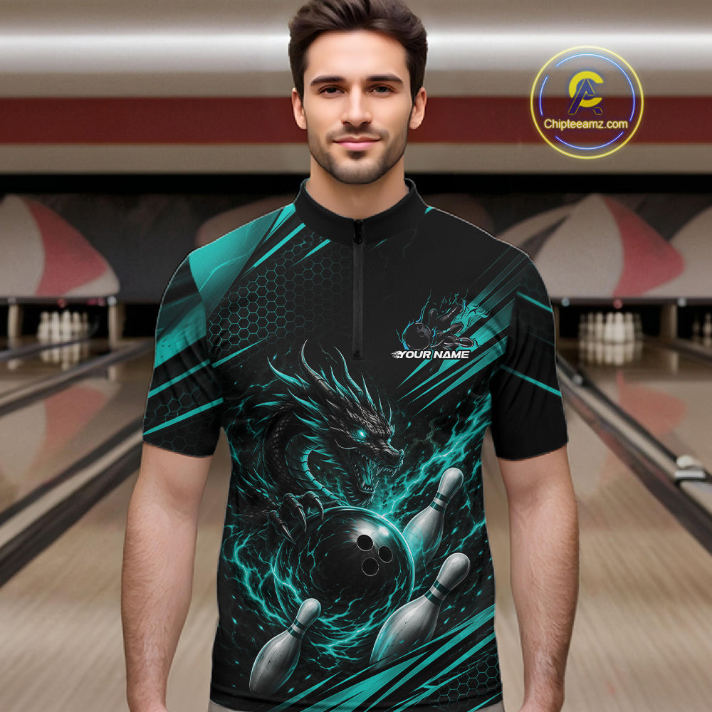 Custom Turquoise Blue Flame Dragon Bowling Jersey, Dragon Bowling Men Quarter Zip Shirt IPHW11834