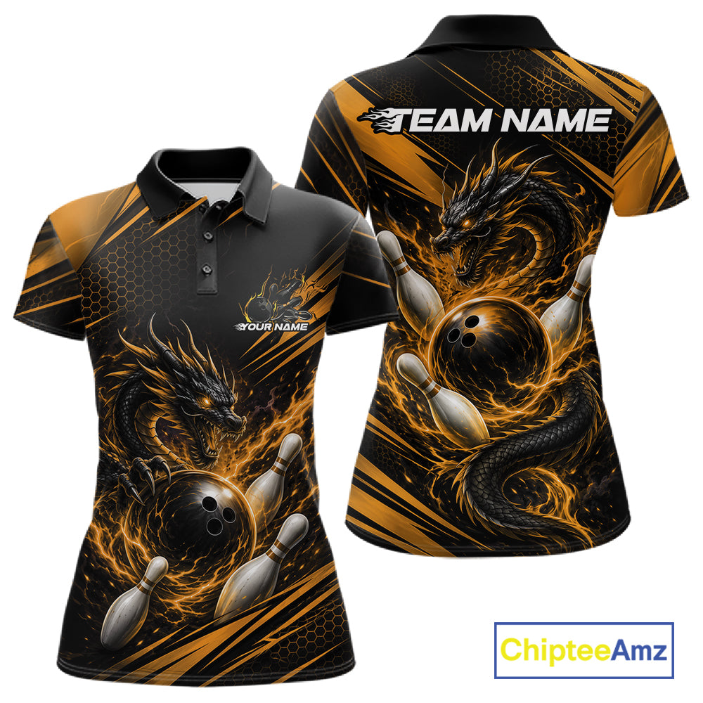 Custom Black And Yellow Flame Dragon Bowling Jersey, Dragon Bowling Women Polo Shirt IPHW11835
