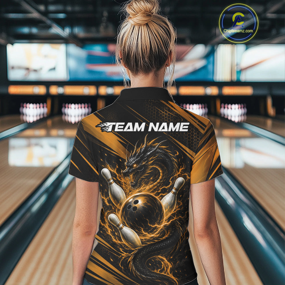 Custom Black And Yellow Flame Dragon Bowling Jersey, Dragon Bowling Women Polo Shirt IPHW11835