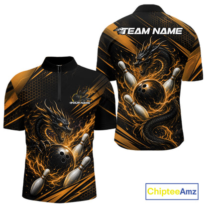 Custom Black And Yellow Flame Dragon Bowling Jersey, Dragon Bowling Men Quarter Zip Shirt IPHW11835