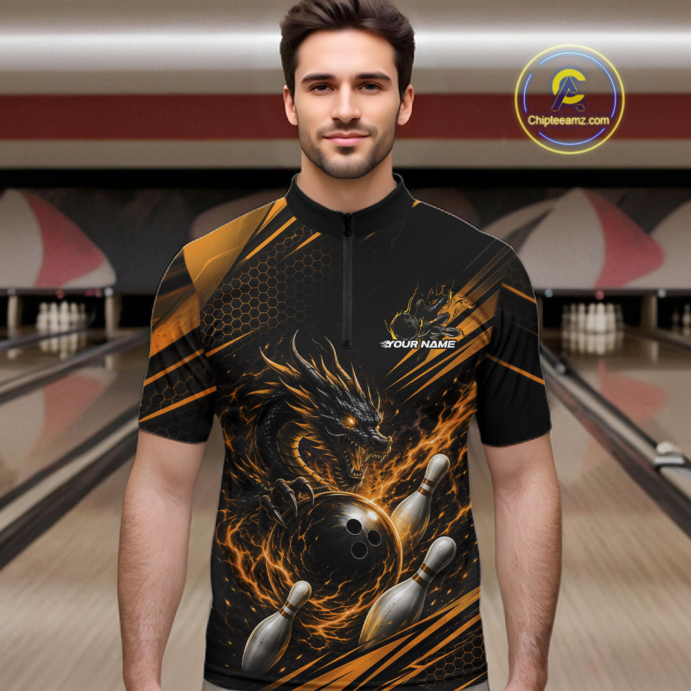 Custom Black And Yellow Flame Dragon Bowling Jersey, Dragon Bowling Men Quarter Zip Shirt IPHW11835