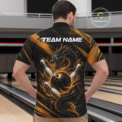 Custom Black And Yellow Flame Dragon Bowling Jersey, Dragon Bowling Men Quarter Zip Shirt IPHW11835