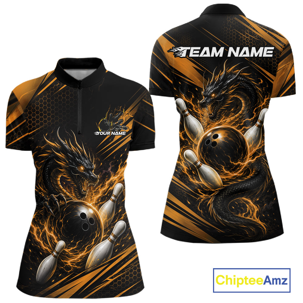 Custom Yellow Flame Dragon Bowling Jersey, Dragon Bowling Women Quarter-Zip Shirt IPHW11835