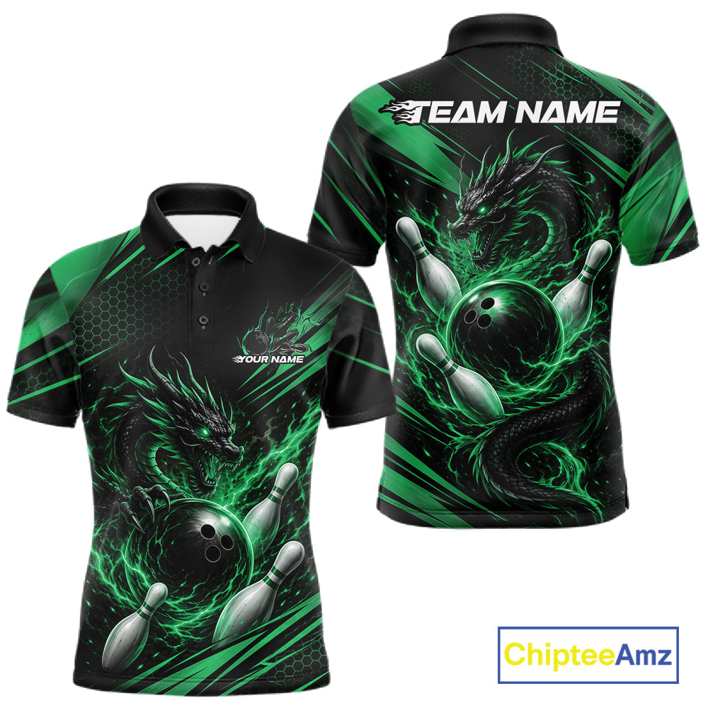 Custom Black And Green Flame Dragon Bowling Jersey, Dragon Bowling Men Polo Shirt IPHW11836