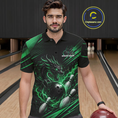 Custom Black And Green Flame Dragon Bowling Jersey, Dragon Bowling Men Polo Shirt IPHW11836