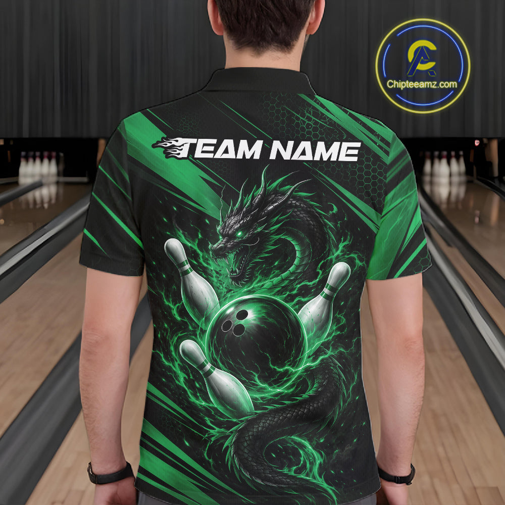 Custom Black And Green Flame Dragon Bowling Jersey, Dragon Bowling Men Polo Shirt IPHW11836