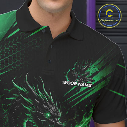 Custom Black And Green Flame Dragon Bowling Jersey, Dragon Bowling Men Polo Shirt IPHW11836