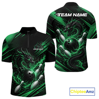 Custom Black And Green Flame Dragon Bowling Jersey, Dragon Bowling Men Quarter Zip Shirt IPHW11836