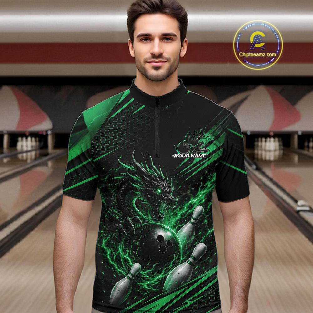 Custom Black And Green Flame Dragon Bowling Jersey, Dragon Bowling Men Quarter Zip Shirt IPHW11836
