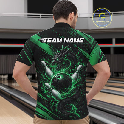 Custom Black And Green Flame Dragon Bowling Jersey, Dragon Bowling Men Quarter Zip Shirt IPHW11836