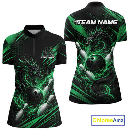 Custom Green Flame Dragon Bowling Jersey, Dragon Bowling Women Quarter-Zip Shirt IPHW11836