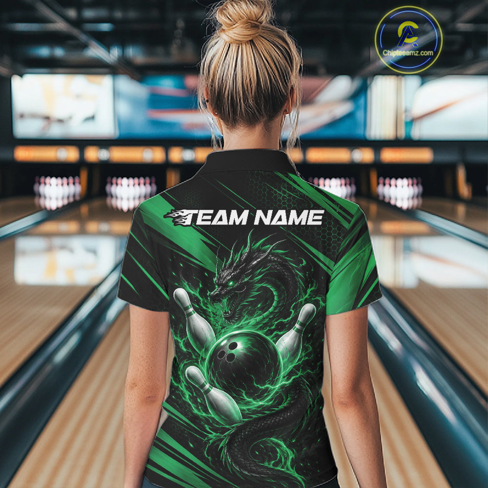 Custom Green Flame Dragon Bowling Jersey, Dragon Bowling Women Quarter-Zip Shirt IPHW11836