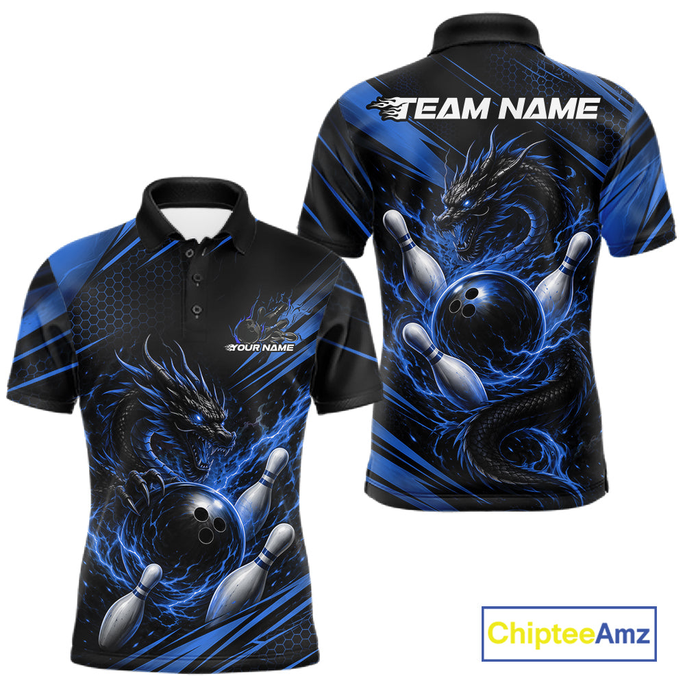 Custom Black And Blue Flame Dragon Bowling Jersey, Dragon Bowling Men Polo Shirt IPHW11837