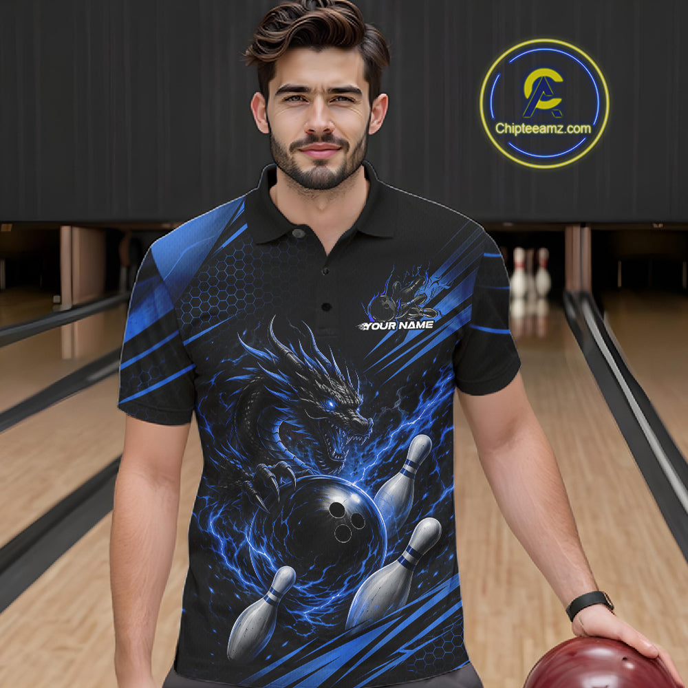 Custom Black And Blue Flame Dragon Bowling Jersey, Dragon Bowling Men Polo Shirt IPHW11837