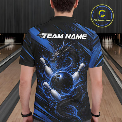 Custom Black And Blue Flame Dragon Bowling Jersey, Dragon Bowling Men Polo Shirt IPHW11837