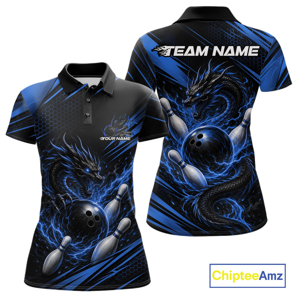 Custom Black And Blue Flame Dragon Bowling Jersey, Dragon Bowling Women Polo Shirt IPHW11837