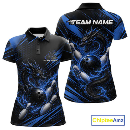 Custom Black And Blue Flame Dragon Bowling Jersey, Dragon Bowling Women Polo Shirt IPHW11837