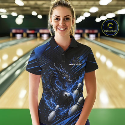 Custom Black And Blue Flame Dragon Bowling Jersey, Dragon Bowling Women Polo Shirt IPHW11837
