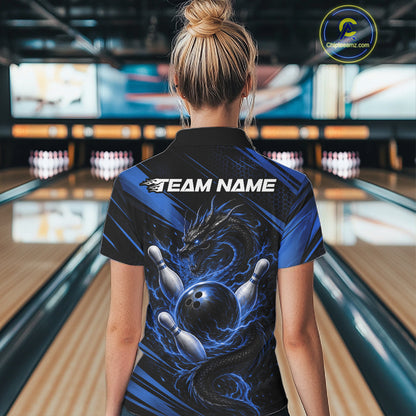 Custom Black And Blue Flame Dragon Bowling Jersey, Dragon Bowling Women Polo Shirt IPHW11837