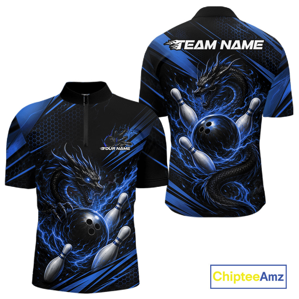 Custom Black And Blue Flame Dragon Bowling Jersey, Dragon Bowling Men Quarter Zip Shirt IPHW11837