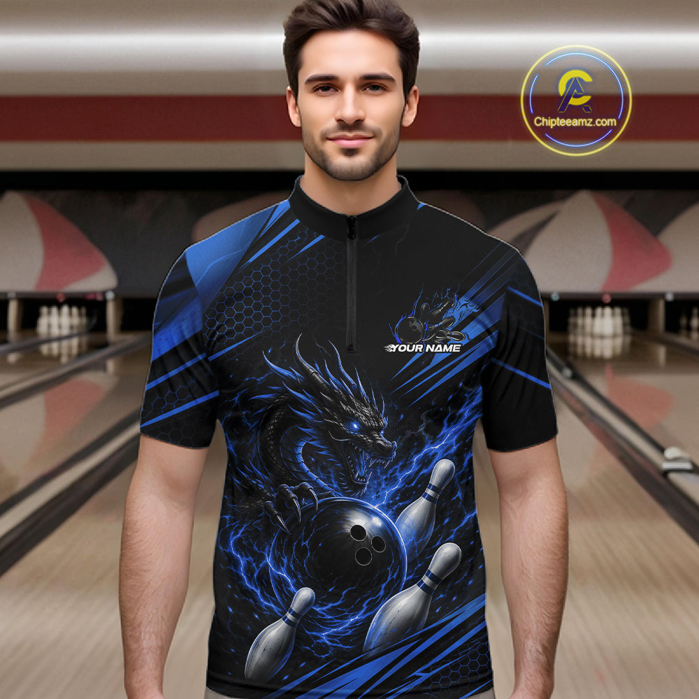 Custom Black And Blue Flame Dragon Bowling Jersey, Dragon Bowling Men Quarter Zip Shirt IPHW11837