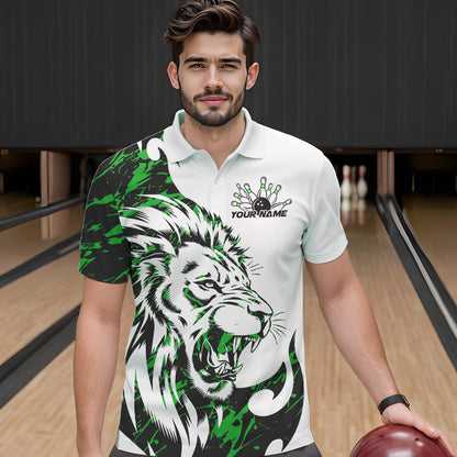 Custom Green Camo Lion Bowling Team Polo Shirts For Men, Lion Bowling League Shirt IPHW8857