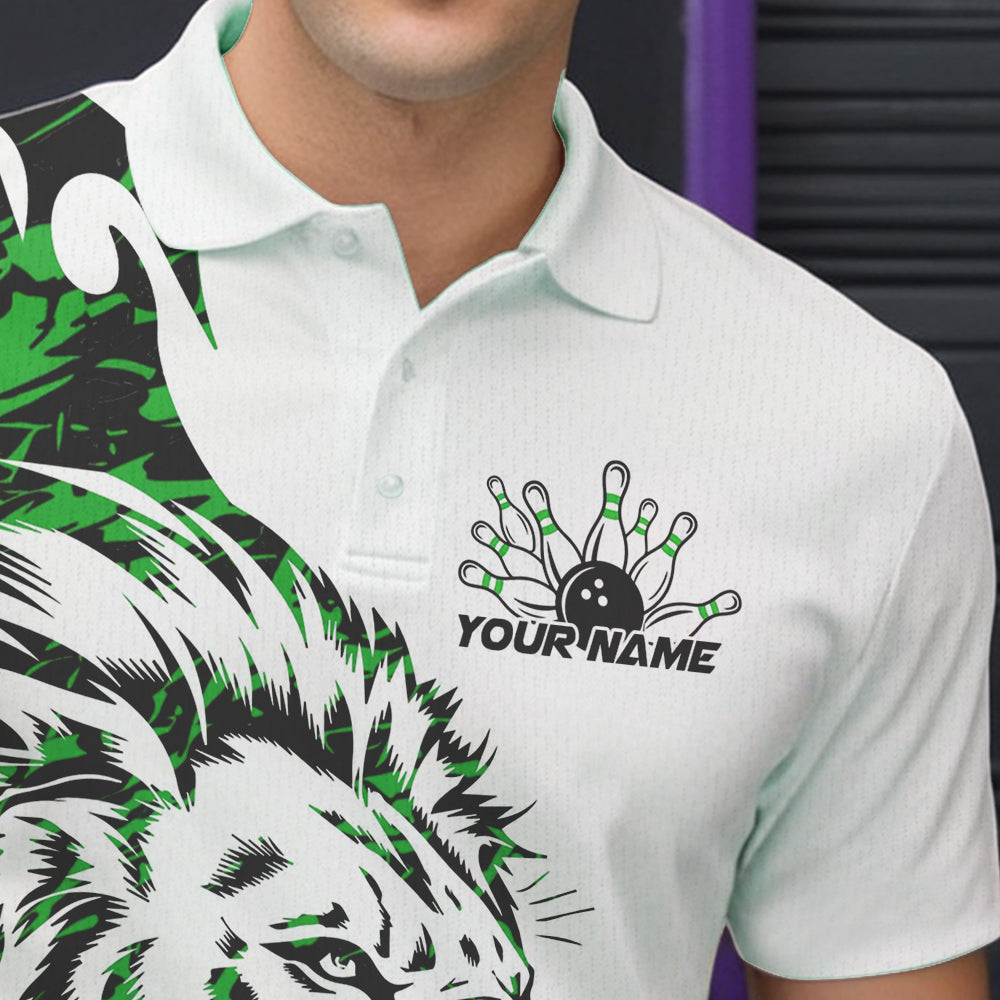 Custom Green Camo Lion Bowling Team Polo Shirts For Men, Lion Bowling League Shirt IPHW8857