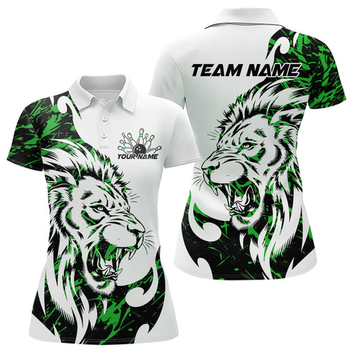 Custom Green Camo Lion Bowling Team Polo Shirts For Women, Lion Bowling League Shirt IPHW8857
