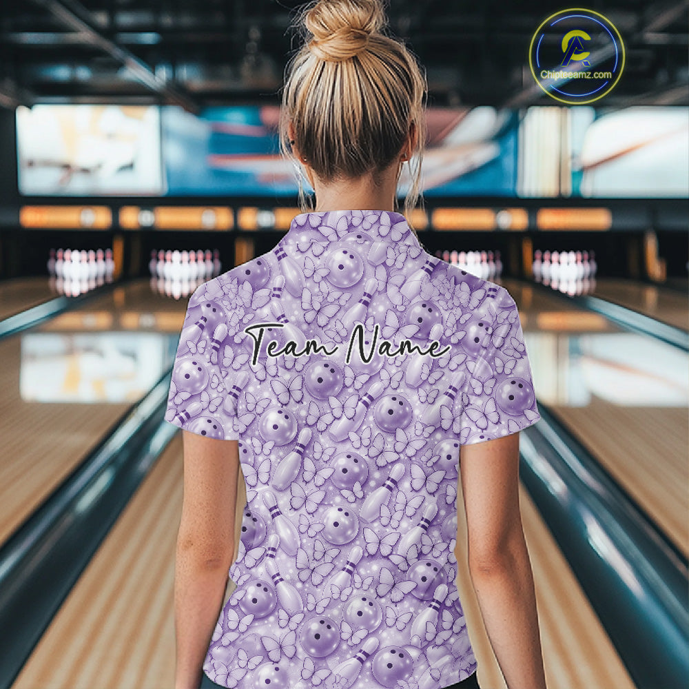 Custom Blue Butterfly Bowling Women Quarter-Zip Shirt, Ladies Bowlers Outfit IPHW10932