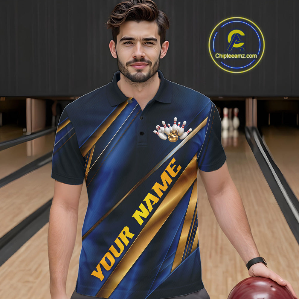A man wearing a custom bowling polo shirt in a bowling alley. The shirt features a dark blue and gold diagonal striped pattern with a bowling pin graphic on the chest and the text 'YOUR NAME' printed diagonally.