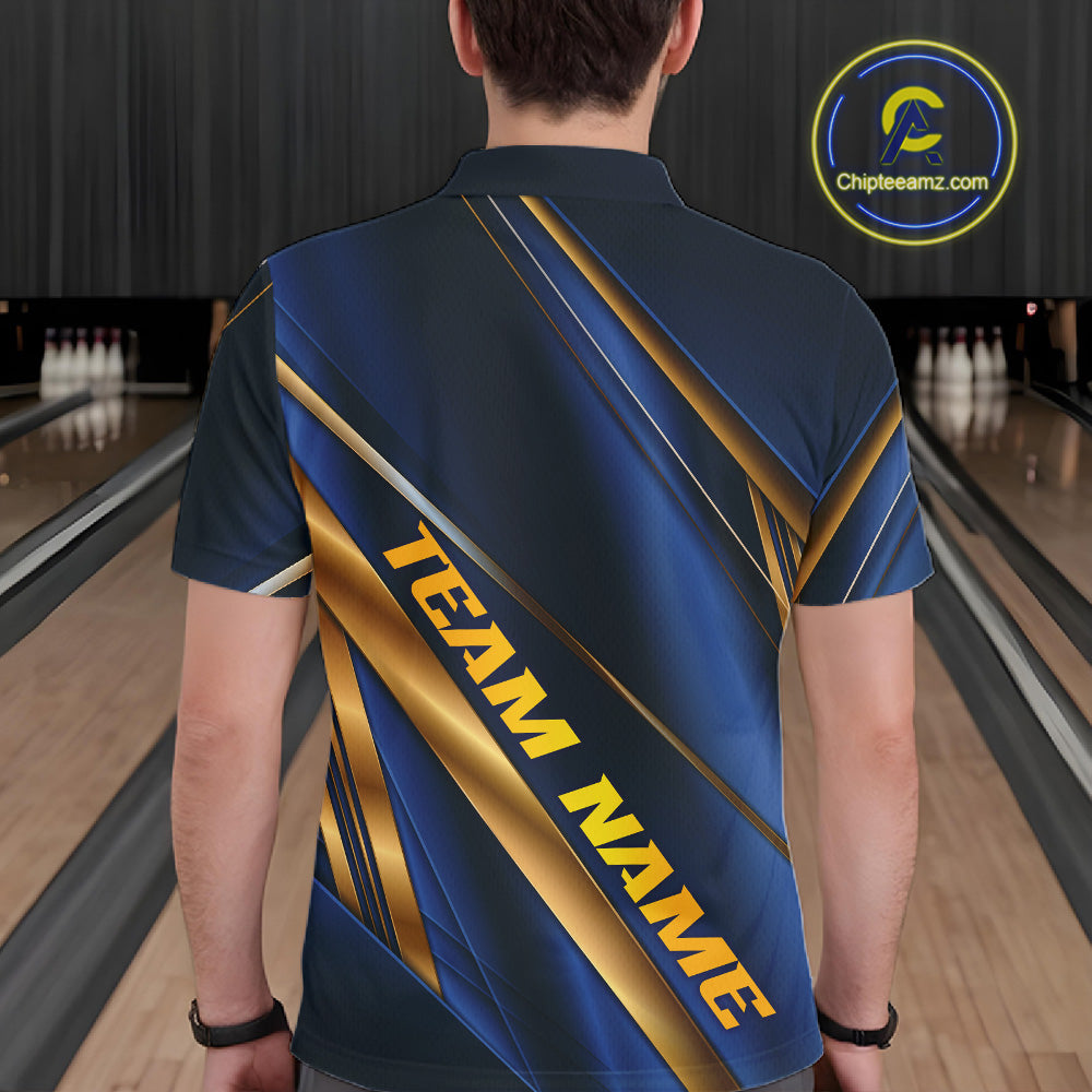 A man viewed from behind wearing a navy blue short-sleeve polo shirt with gold diagonal stripes and the text 'TEAM NAME' printed on the back. Bowling alley lanes are visible in the background, and a circular 'Chipteeamz.