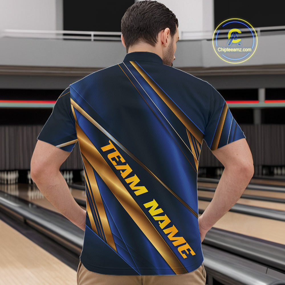 A man viewed from behind wearing a short-sleeve bowling shirt with a bold blue and gold graphic design and the text 'TEAM NAME' printed on the back. 