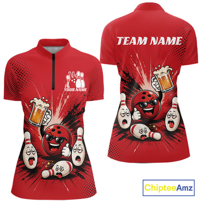 Custom Funny Beer Pitcher Bowling Women Quarter-Zip Shirt, Red Bowling Party Shirt IPHW11853