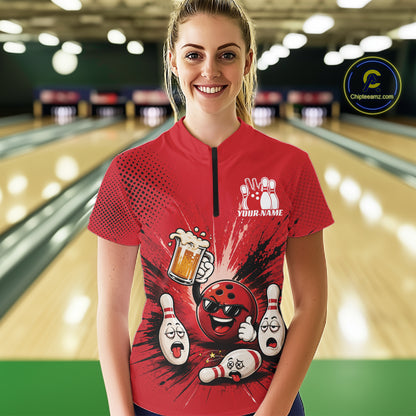 Custom Funny Beer Pitcher Bowling Women Quarter-Zip Shirt, Red Bowling Party Shirt IPHW11853