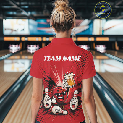 Custom Funny Beer Pitcher Bowling Women Quarter-Zip Shirt, Red Bowling Party Shirt IPHW11853