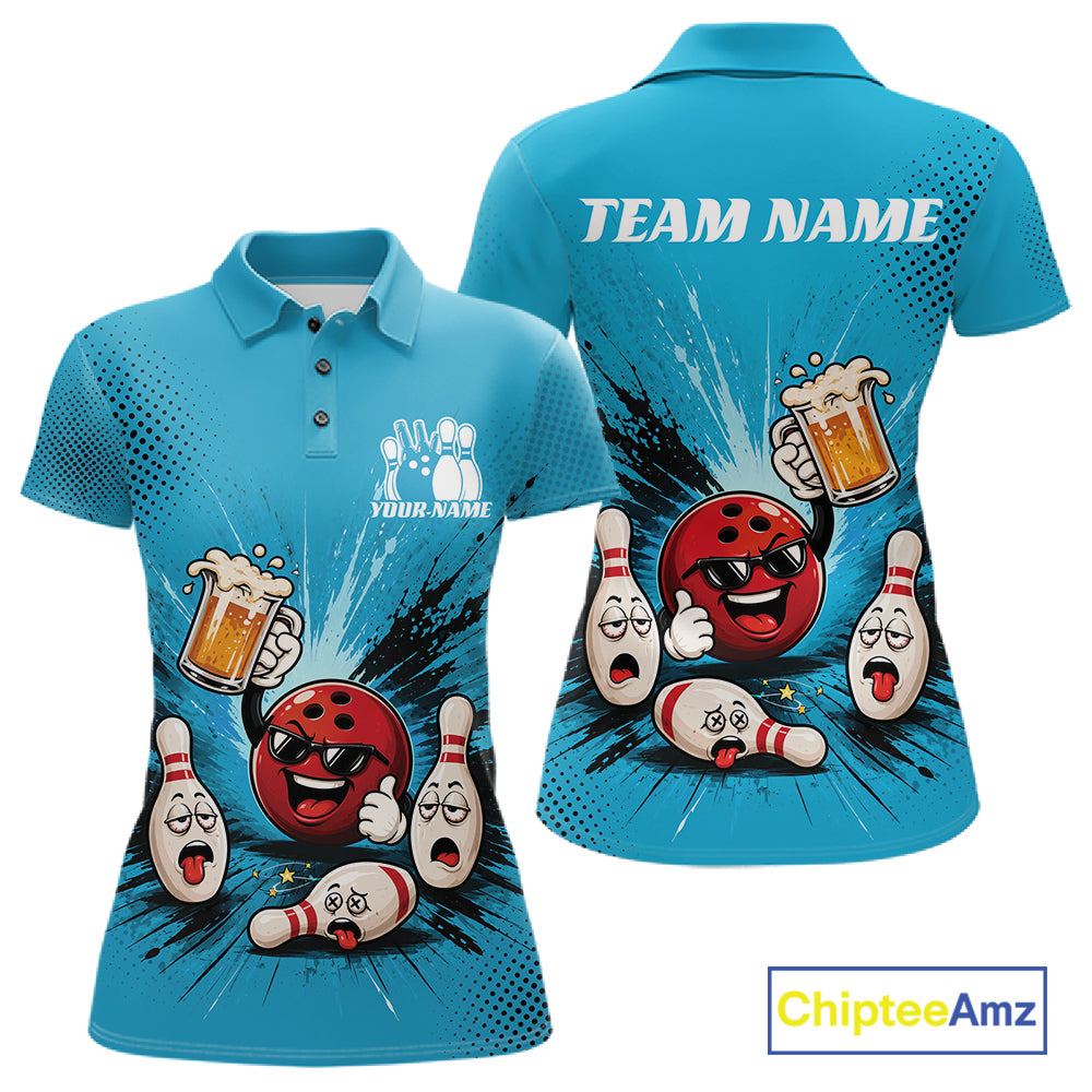 Custom Funny Beer Pitcher Bowling Women Polo Shirt, Blue Bowling Party Shirt IPHW11854
