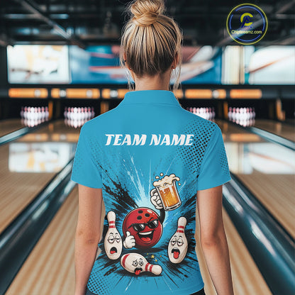 Custom Funny Beer Pitcher Bowling Women Polo Shirt, Blue Bowling Party Shirt IPHW11854