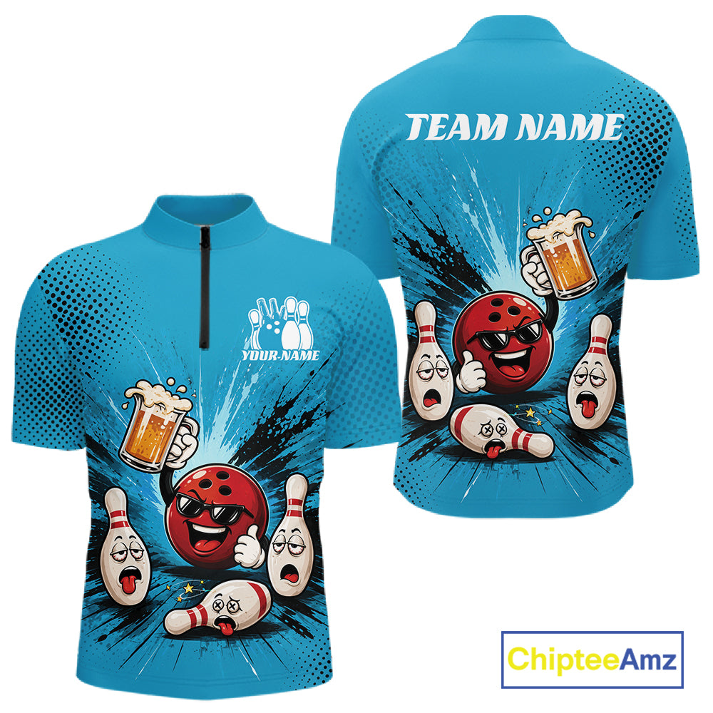 Custom Funny Beer Pitcher Bowling Men Quarter Zip Shirt, Blue Bowling Party Shirt IPHW11854