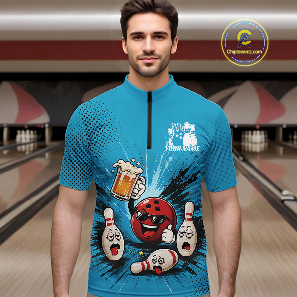 Custom Funny Beer Pitcher Bowling Men Quarter Zip Shirt, Blue Bowling Party Shirt IPHW11854