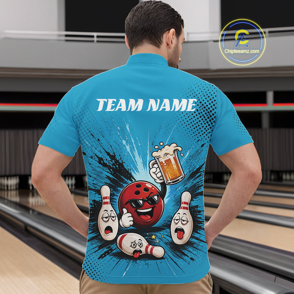 Custom Funny Beer Pitcher Bowling Men Quarter Zip Shirt, Blue Bowling Party Shirt IPHW11854