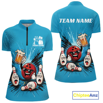 Custom Funny Beer Pitcher Bowling Women Quarter-Zip Shirt, Blue Bowling Party Shirt IPHW11854
