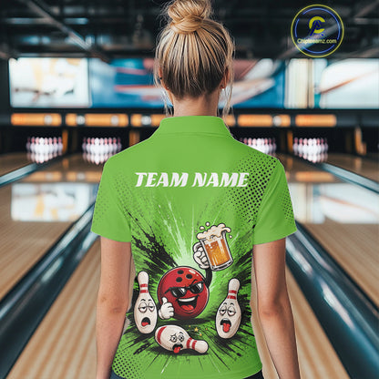 Custom Funny Beer Pitcher Bowling Women Polo Shirt, Green Bowling Party Shirt IPHW11855