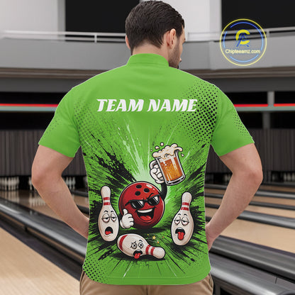 Custom Funny Beer Pitcher Bowling Men Quarter Zip Shirt, Green Bowling Party Shirt IPHW11855