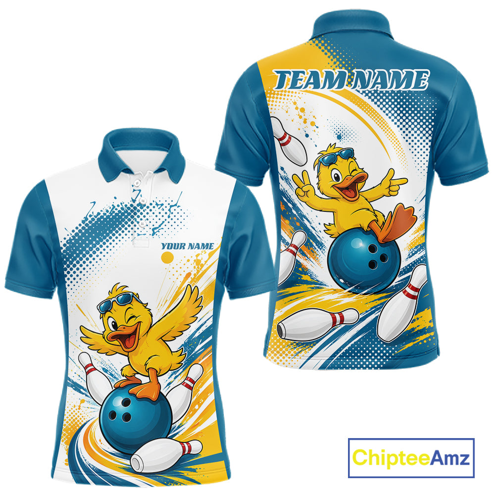 Custom Funny Yellow Duck Bowling Team Men Polo Shirt, Playful Bowling Jersey IPHW11859