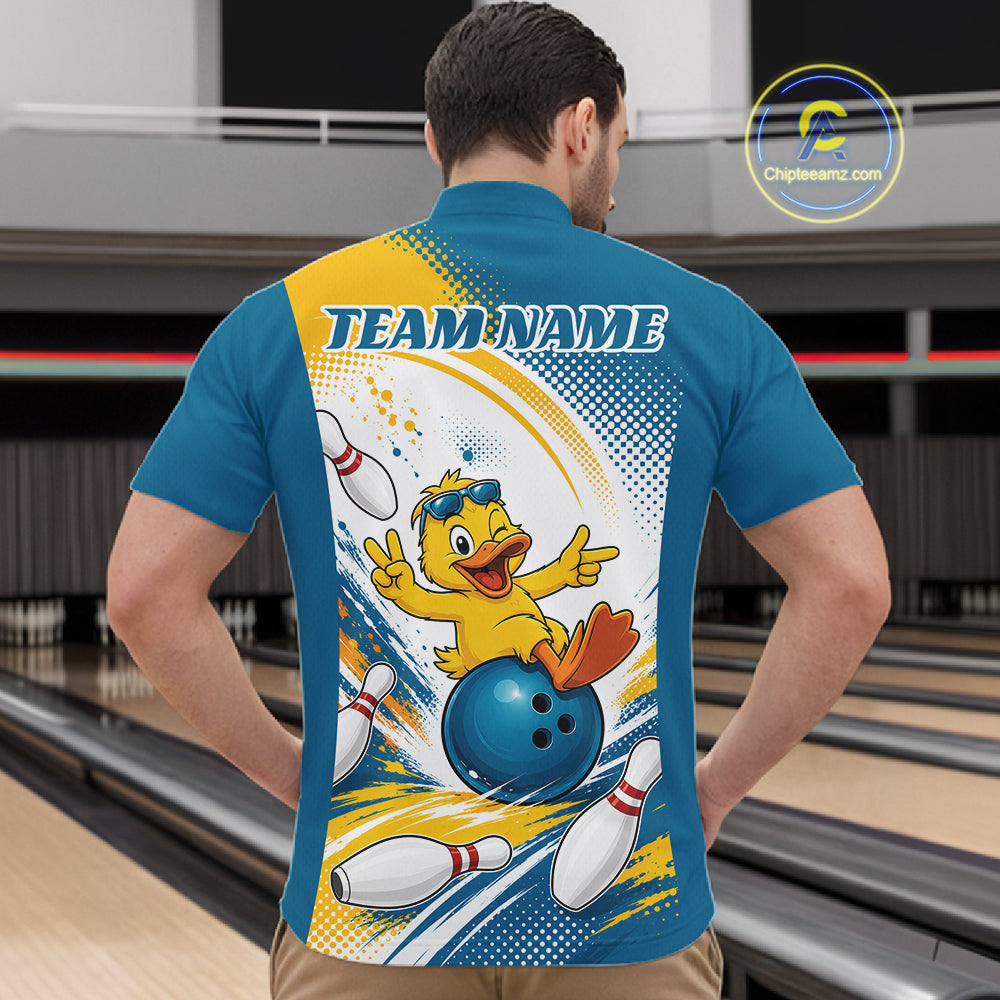 Custom Funny Yellow Duck Bowling Team Men Quarter Zip Shirt, Playful Bowling Jersey IPHW11859