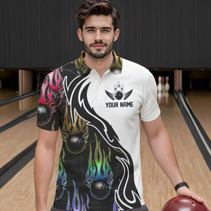 Colorful Rainbow Flame Ball Custom Bowling Team Men Polo Shirts, Fire Bowling League Shirt IPHW8865