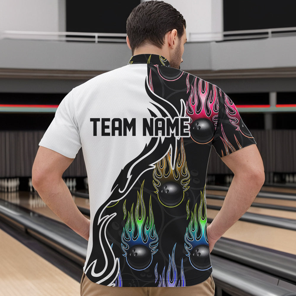 Colorful Rainbow Flame Ball Custom Bowling Team Men Quarter-Zip Shirts, Fire Bowling League Shirt IPHW8865