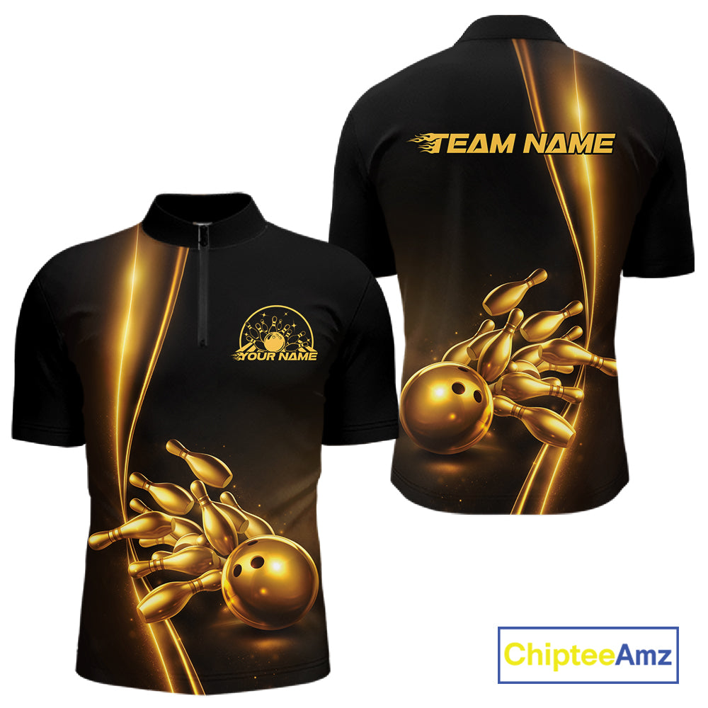 Front and back view of a mens black bowling quarter-zip shirt mockup showcasing golden bowling ball and pins design with elegant athletic graphics.