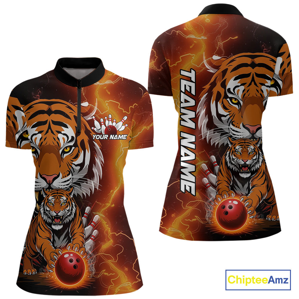 Custom Thunder Lightning Tiger Bowling Quarter-Zip Shirts For Women, Bowling Team Outfit IPHW9093