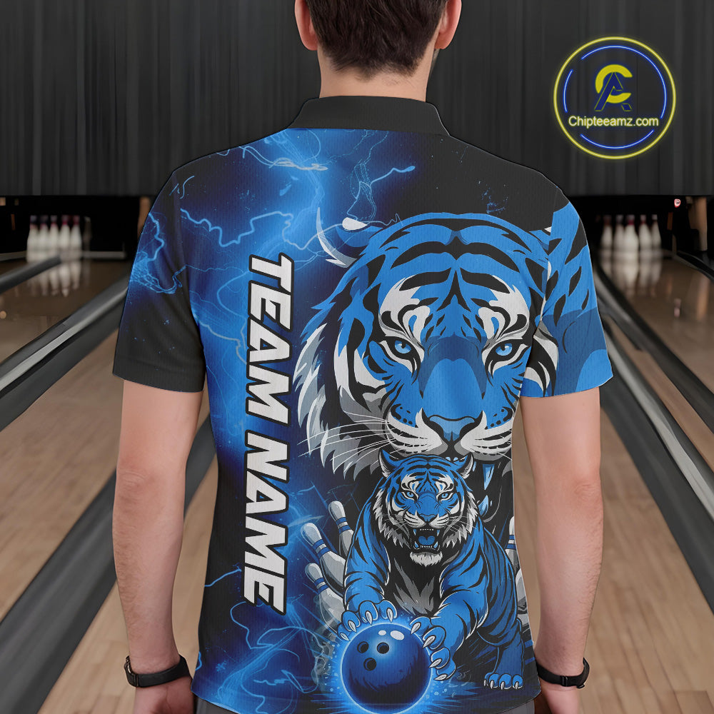 Custom Blue Thunder Lightning Tiger Bowling Polo Shirts For Men, Bowling Team Outfit IPHW9094